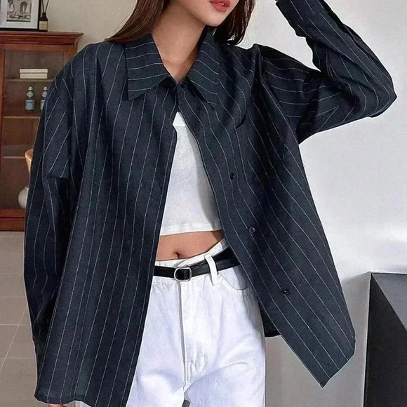 Blue Casual Women's Striped Print Drop Shoulder Shirt - Picture 3 of 5